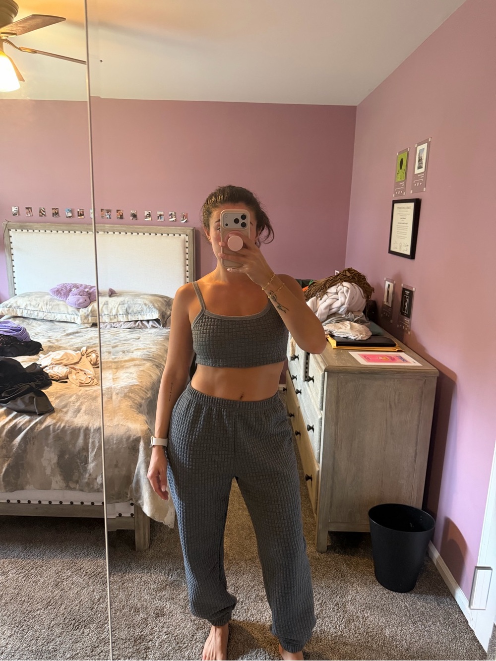 Seamless Waffle-Knit Crop Tank and Jogger Set - Gray